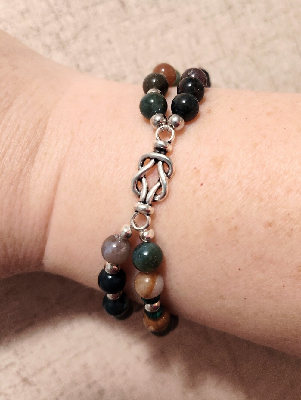 Handmade Natural Indian Agate Double Strand Bracelet With Love Knot Charm
